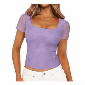 PinkMStyle Lace Square Neck Short Sleeve Top Lilac Purple Stretch M‎